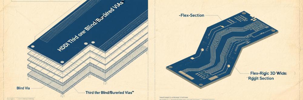 HDI third-order blind/buried vias (left) and Flex-Rigid 3D wiring structure (right) HDI third-order blind/buried vias (left) and Flex-Rigid 3D wiring structure (right)