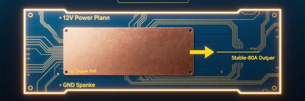 Multi-group power plane with 2oz thick copper foil for stable 12V/80A output Multi-group power plane with 2oz thick copper foil for stable 12V/80A output