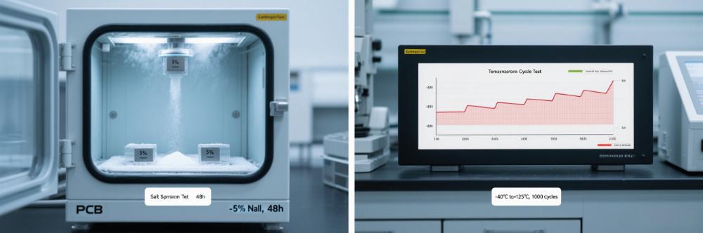 Salt spray test (left) and temperature cycle test (right) for PCB reliability verification