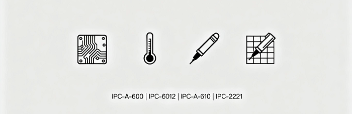 Icons + key IPC standards (A-600/6012/A-610/2221) for PCB production