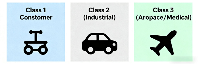 Icons (toy/car/airplane) + IPC Class 1 (consumer)/2 (industrial)/3 (aerospace/medical)