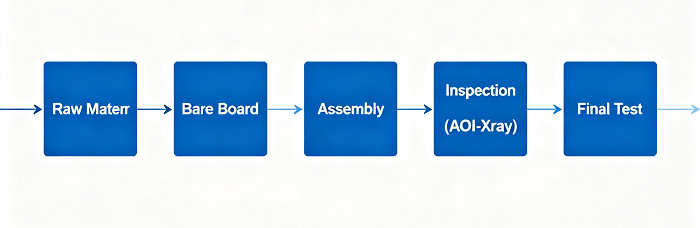 IPC-based PCB QC flowchart: Raw Materials→Bare Board→Assembly→Inspection (AOI/X-ray)→Test