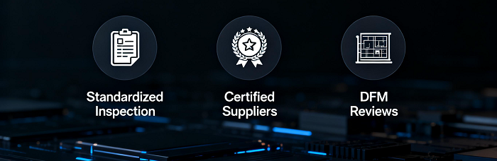 3 icons (checklist/badge/blueprint) + IPC compliance solutions
