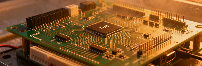 Aerospace PCB with THT in simulated high-altitude/extreme temp, showing harsh-condition durability