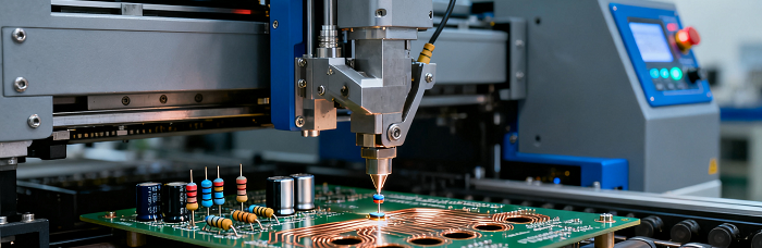Automated THT insertion machine placing axial parts on PCB, showing manufacturing efficiency