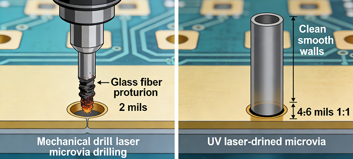HDI PCB laser drilling microvias - IPC 1:1, 4-6 mils