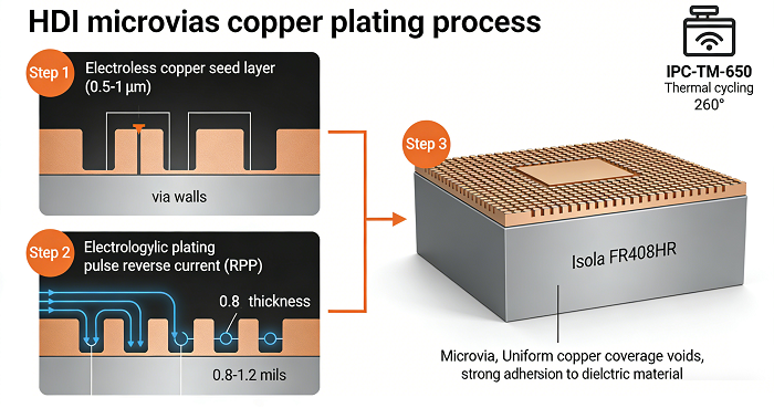Microvia uniform Cu plating (0.8-1.2 mils) - RPP/Wrap/Button