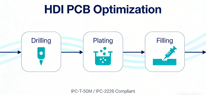 HDI PCB optimization flow: Drilling→Plating→Filling (IPC compliant)