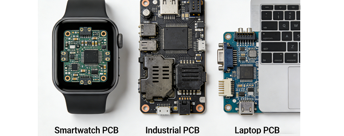 Close-up of Smartwatch, Industrial & Laptop PCBs
