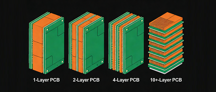 PCB Layer Count Cross-section: 1 to 10+ Layers