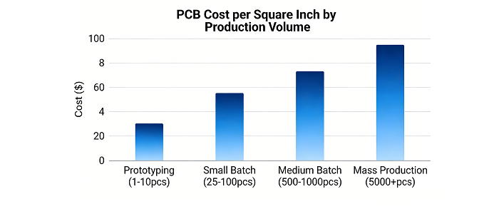 PCB Cost per Square Inch by Production Volume