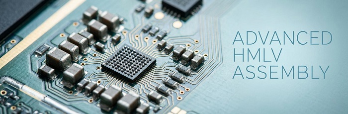 Macro view of an HDI PCB showing advanced SMT and BGA components for HMLV assembly.