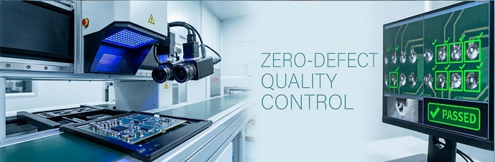 Automated Optical Inspection (AOI) system scanning a PCB to ensure zero-defect quality control.