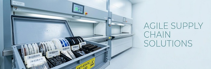 Organized ESD-safe electronics component reels in an agile HMLV manufacturing supply chain facility.