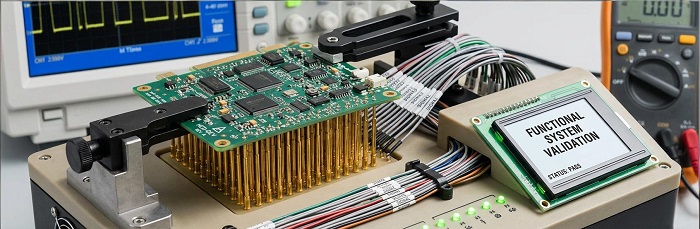 Functional Testing (FCT) fixture for PCBA with "System Pass" status monitor.