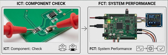Comparison of ICT component checking vs. FCT system-level performance testing.
