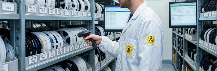 EMS technician scanning electronic component reels in a high-mix warehouse.