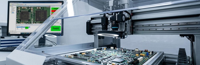 Automated Optical Inspection (AOI) machine checking a complex PCB assembly.