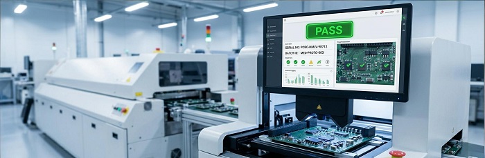 Digital quality dashboard showing PASS status and traceability data for PCB assembly