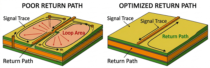 Comparison of poor vs. optimized signal return paths on PCB
