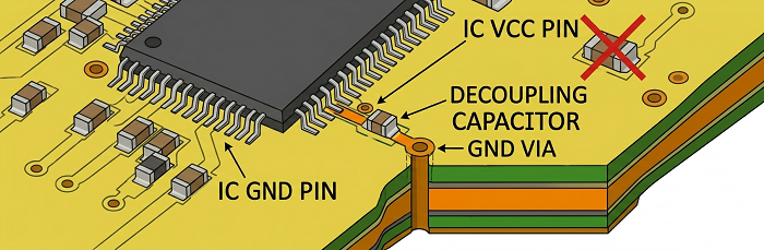 Proper decoupling capacitor placement near IC power pins