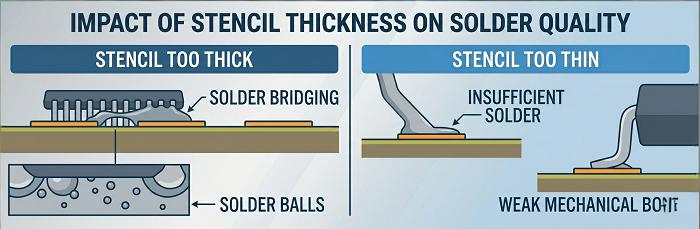 Comparison of common solder defects from incorrect stencil thickness