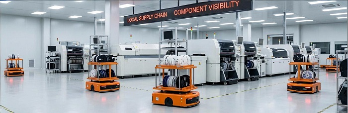 Local PCBA facility with AGVs and inventory display
