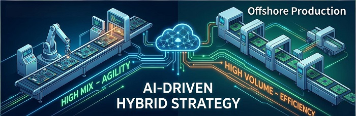 Illustration of smart factory connecting high-mix and high-volume PCBA lines