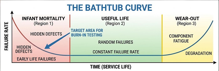 Bathtub curve chart showing failure rate stages