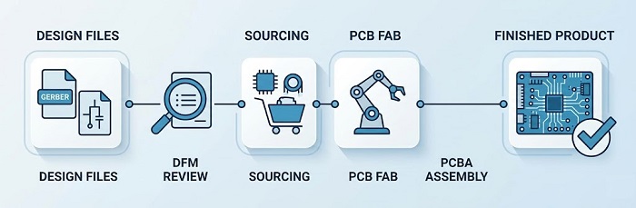 Full turnkey PCB assembly process flow from design files to finished product