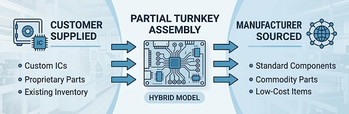 Partial turnkey PCB assembly hybrid model showing customer supplied and manufacturer sourced components