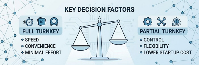 Comparison balance scale showing key decision factors between full turnkey and partial turnkey PCB assembly