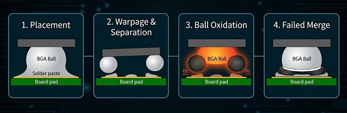 Four-stage diagram showing HoP defect formation due to warpage and oxidation