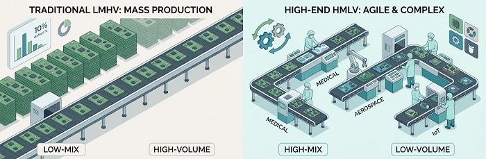 Compare traditional mass production with agile high-mix low-volume PCB manufacturing