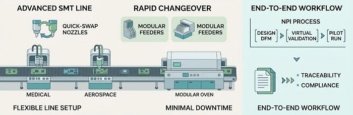 High-end HMLV SMT line with modular setup and rapid changeover capabilities