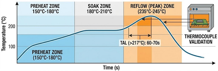 A detailed time-temperature chart illustrating the specific "Ramp-Soak-Spike (RSS)" profile used to control voids in lead-free SMT