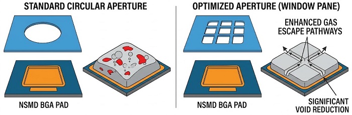 A clean, precise technical illustration contrasting different stencil aperture geometries on an NSMD (Non-Solder Mask Defined) BGA pad