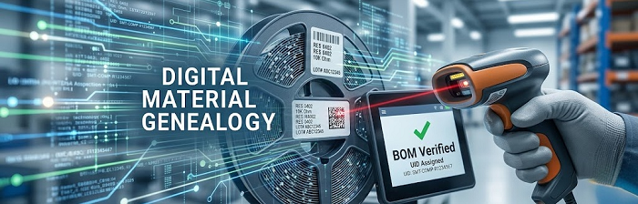 Industrial barcode scanner verifying electronic component UID for digital material genealogy and BOM accuracy in PCBA manufacturing