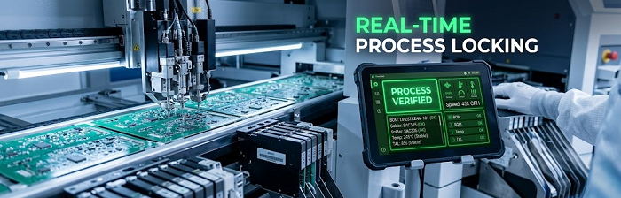 Smart MES tablet displaying real-time process locking and solder paste parameters for SMT manufacturing