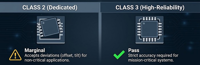 Comparison chart between IPC-A-610 Class 2 and Class 3 electronic assembly standards, highlighting component placement precision for mission-critical reliability