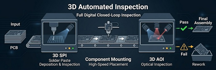 3D automated manufacturing inspection flow infographic featuring SPI and AOI stations for full digital closed-loop quality control in PCBA assembly