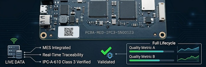 Medical PCBA with QR code and serial number, illustrating MES integrated traceability and full lifecycle quality data monitoring