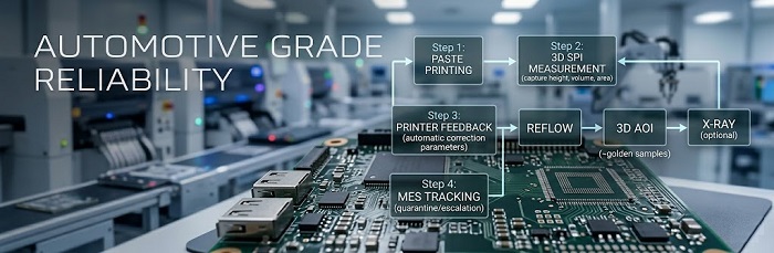 Closed-loop quality control process for automotive PCBA involving 3D SPI and printer feedback.