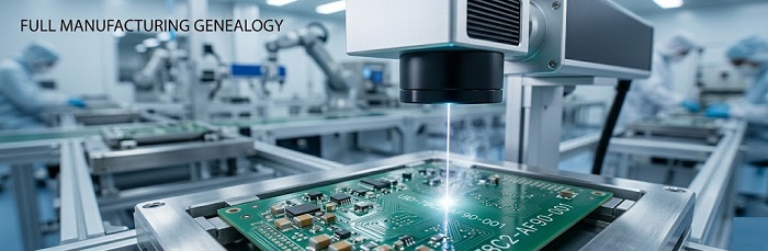 Industrial laser system engraving a unique serial number on a circuit board for manufacturing traceability.