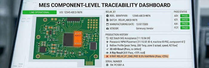 MES Traceability Dashboard: Data display showing component-level production history and serial tracking.