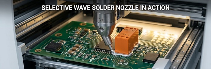 Selective Wave Soldering: Robotic nozzle applying solder to THT pins without damaging adjacent SMD components.