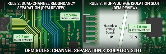 DFM Design Rules: Schematic diagram illustrating channel separation and high-voltage isolation slots.