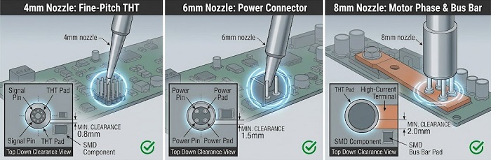 Close-up views of three different size nozzles (4mm, 6mm, and 8mm) applied to different components, with top-down views specifying the increasing required component clearance for each nozzle.