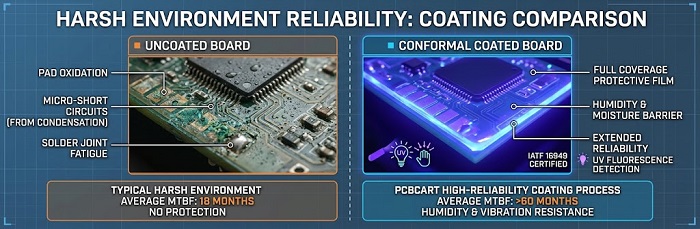 Comparison of industrial PCB surface condition between uncoated and conformal coated boards.