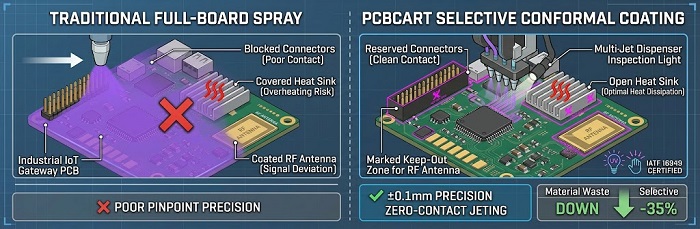 Comparison between traditional spray and selective conformal coating processes for industrial PCBA.